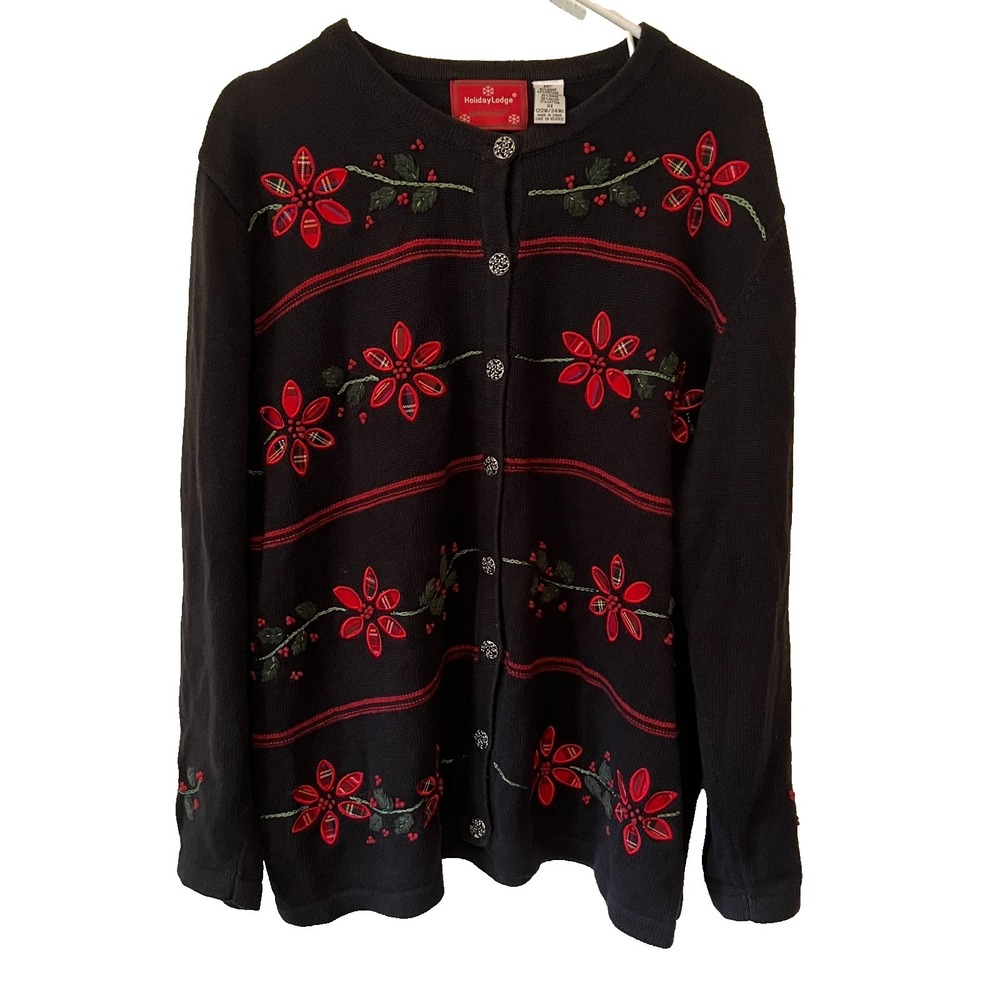 Holiday Lodge North Crest Christmas Holiday Cardigan Sweater Floral Holly Sz 3X
